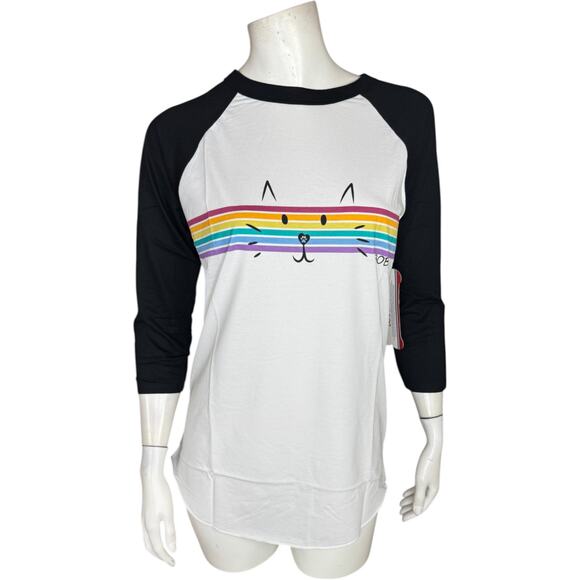 Bobs by Sketchers Tops - BOBS Skechers Peek A Cat Rainbow Baseball Tee Small NWOT White Black 3/4 Sleeve